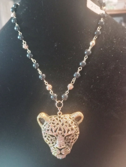 Gold Leopard Pendant linked beaded stone necklace